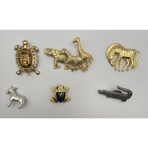 Lot of 6 Vintage Animal Brooches Mixed Styles 2 Signed Turtle Frog Figural